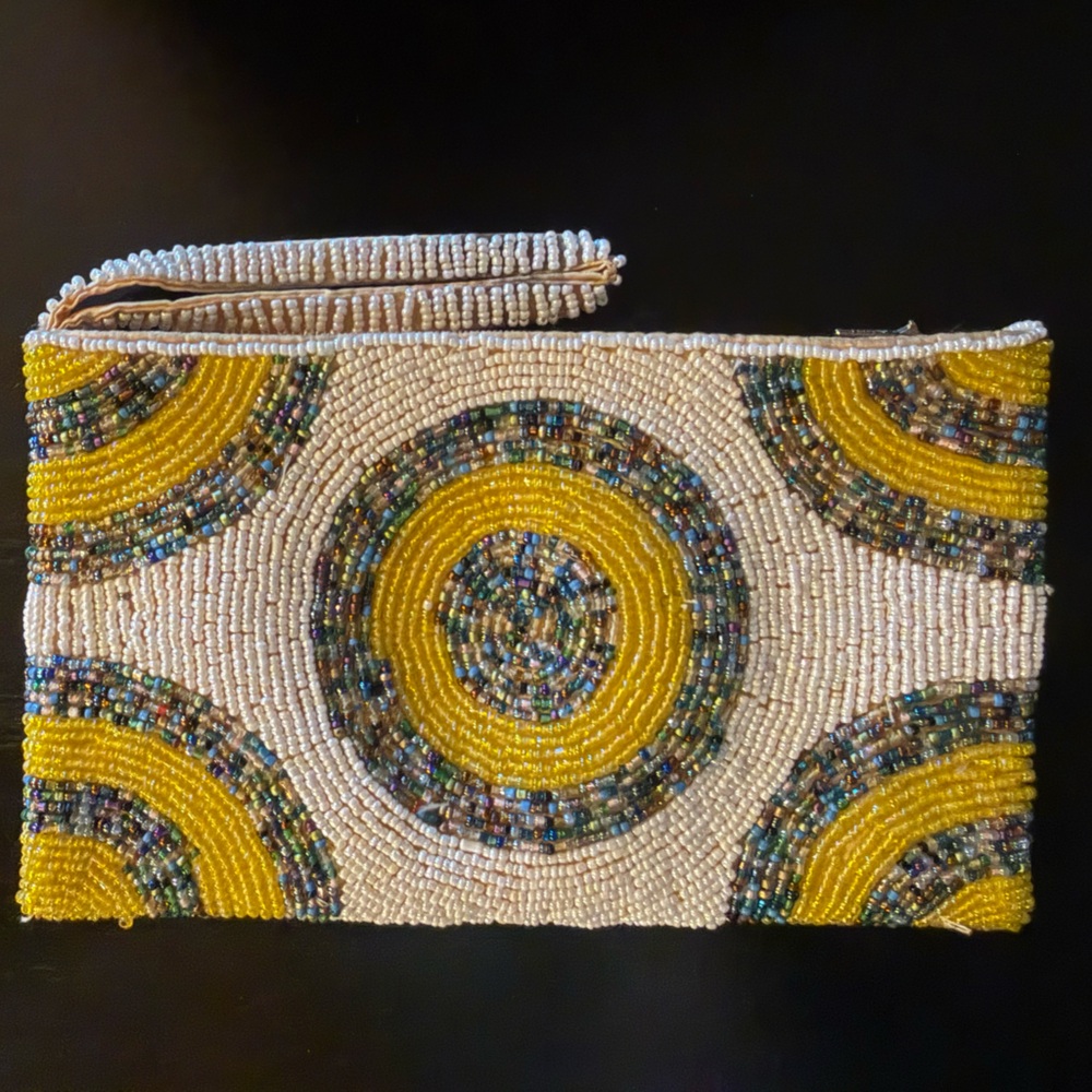 Vintage Beaded wristlet wallet zipper Suzani style Gold Zipper Bullseye Pattern.